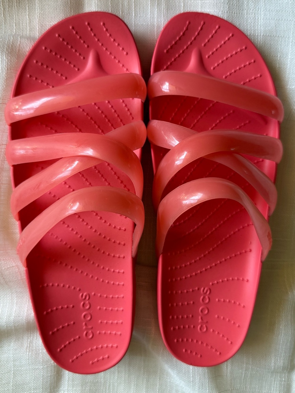 Crocs Sandals Womens Size 9 Glossy Strappy Watermelon Splash Pink Comfort Slide - Picture 1 of 5